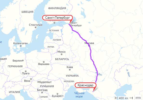 Маршрут Санкт-Петербург - Краснодар на машине 2 км